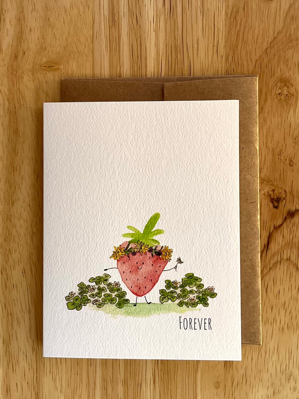 'Strawberry Forever' watercolor pun card. A romantic greeting card for anniversaries or Valentine’s Day. Whimsical strawberry field art designed in Ballard, WA.
