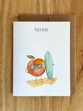 'Peach Bum' funny summer pun card. Features a watercolor peach with sunglasses and a surfboard. Perfect for beach lovers, summer birthdays, or travel notes.