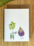 A clever visual pun for plant lovers! Watercolor fig fruit watering a potted fiddleleaf fig. A unique, text-free card for botanical enthusiasts.