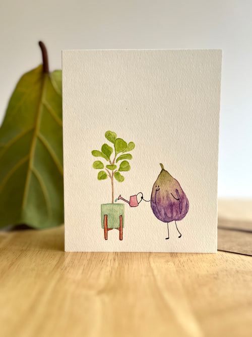 Card with illustration of a fig watering a plant on a wooden surface.