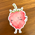 Die-cut vinyl sticker of raspberry blowing a raspberry