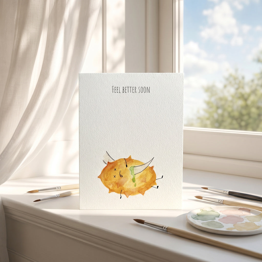 Greeting card with 'Feel Better Soon' text and a sun illustration on a windowsill with art supplies.