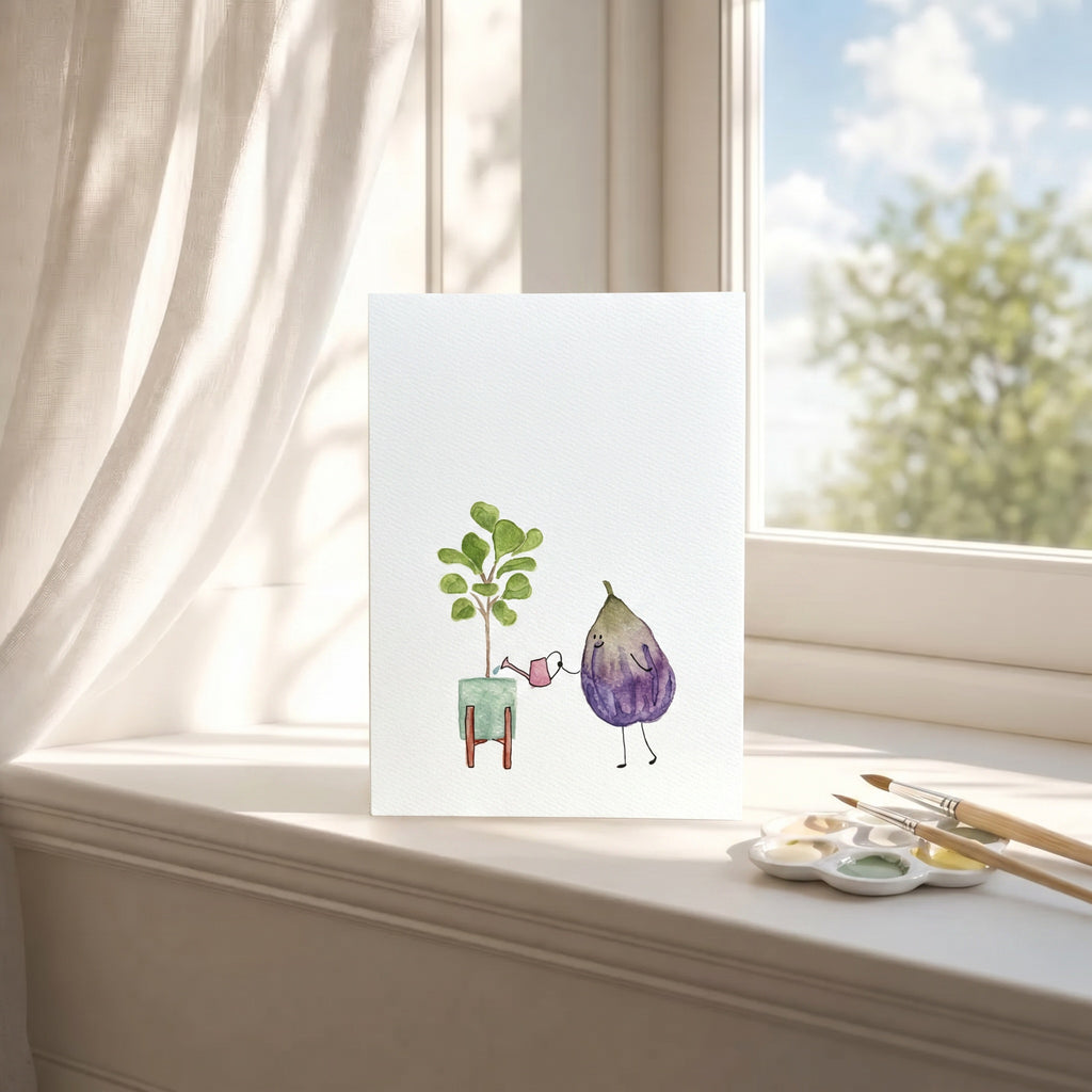 Illustration of a purple fig and green leaves on a white surface near a window.