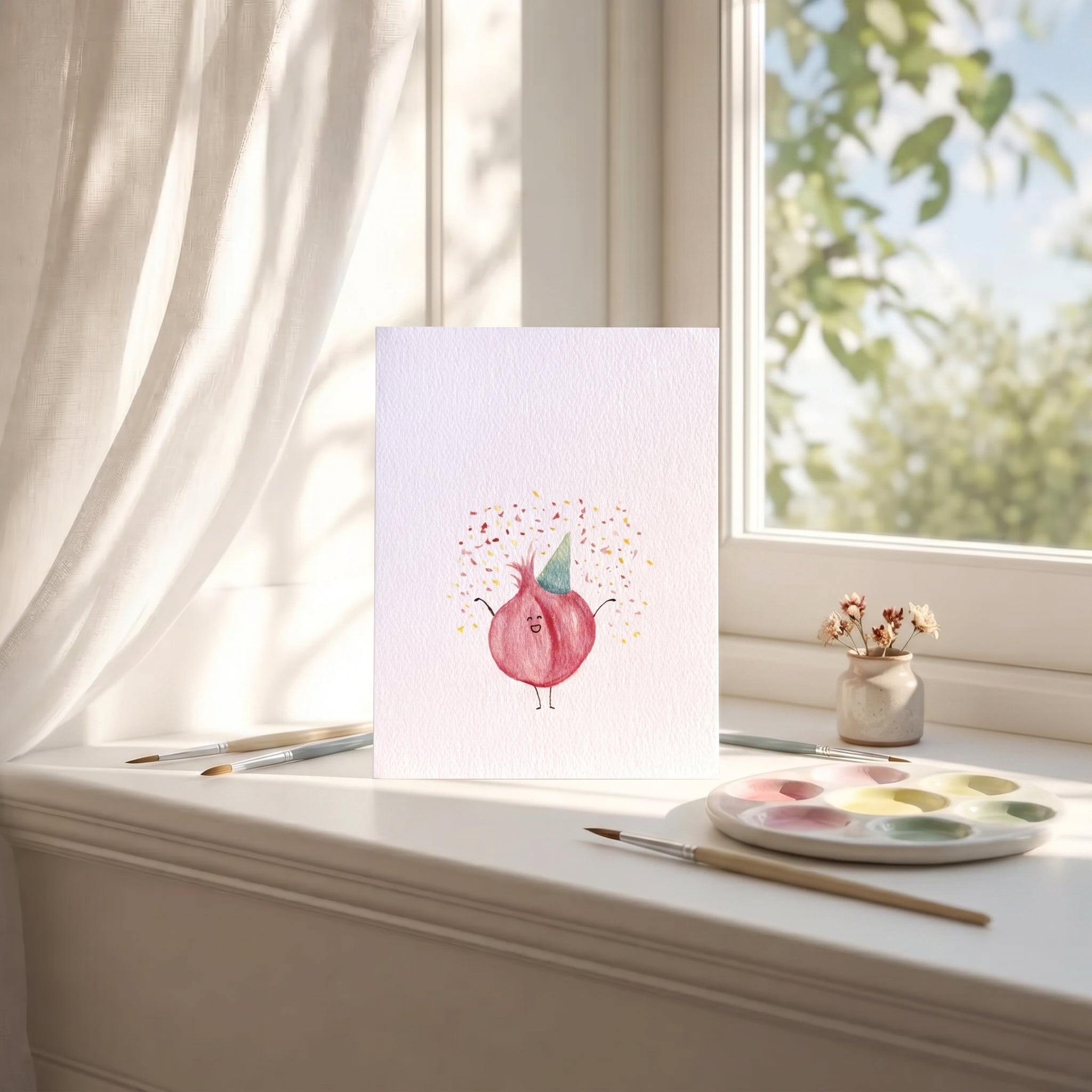 Painting of a pink character funion with a green hat on a white surface near a window. happy birthday card