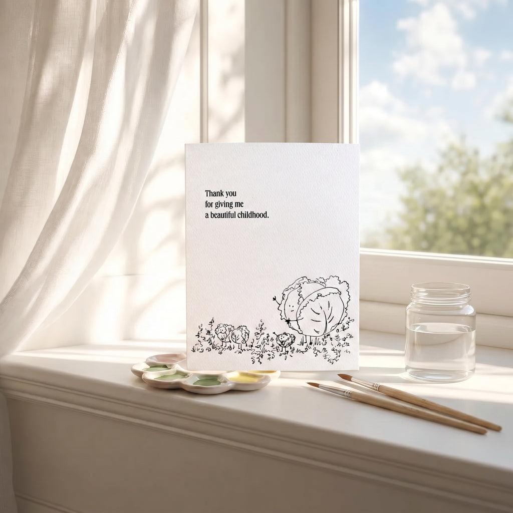 Greeting card with cabbage patch on a windowsill with a view of trees outside. thank you for giving me a beautiful childhood