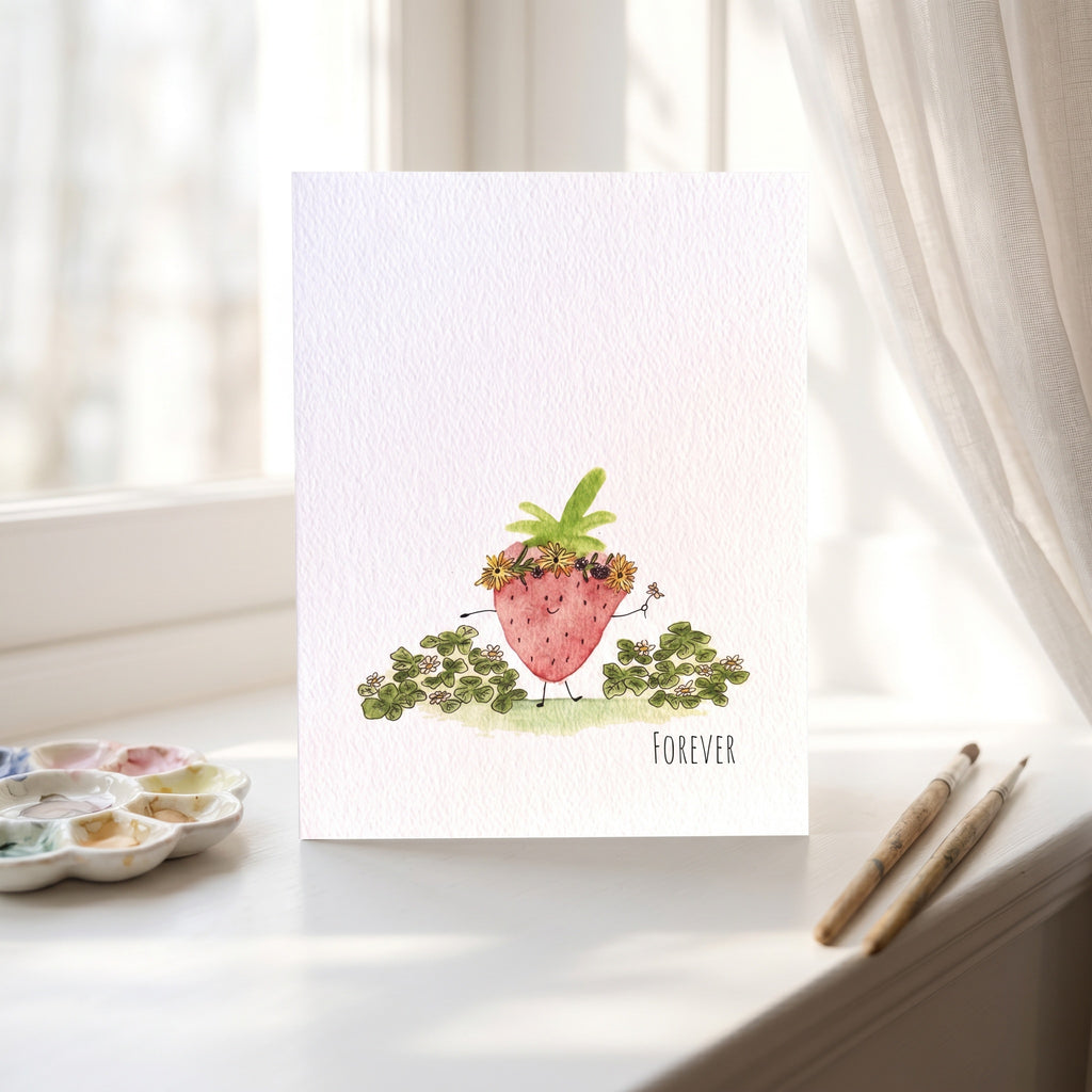 Card with strawberry illustration and 'Forever' text on a white surface with art supplies.