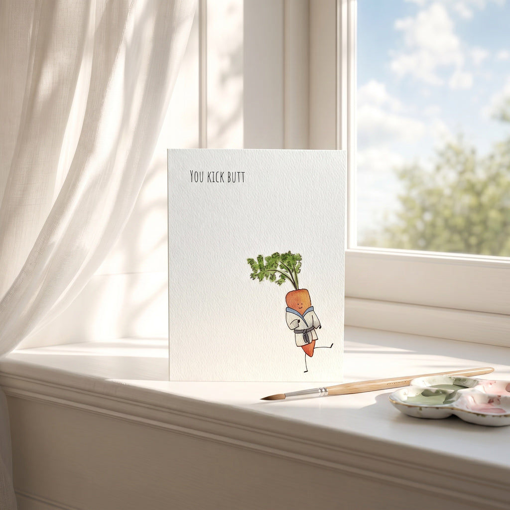 Note card with a carrot character and 'You Kick Butt' text on a windowsill.
