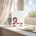 Artistic depiction of a red and white object on a white surface with a window in the background.
