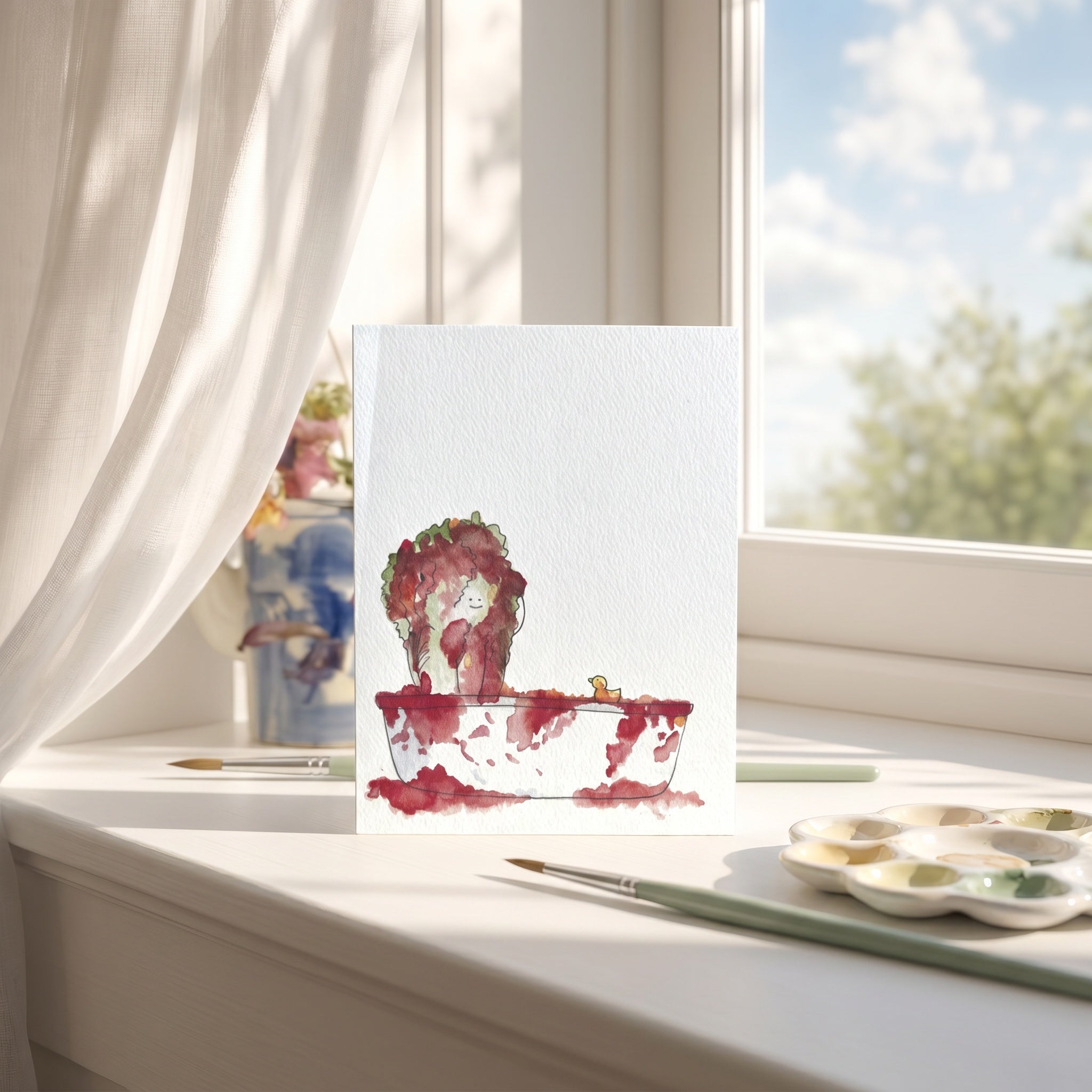 Artistic depiction of a red and white object on a white surface with a window in the background.