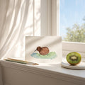 Art print of a kiwi bird on a windowsill with a kiwi fruit and paintbrushes.