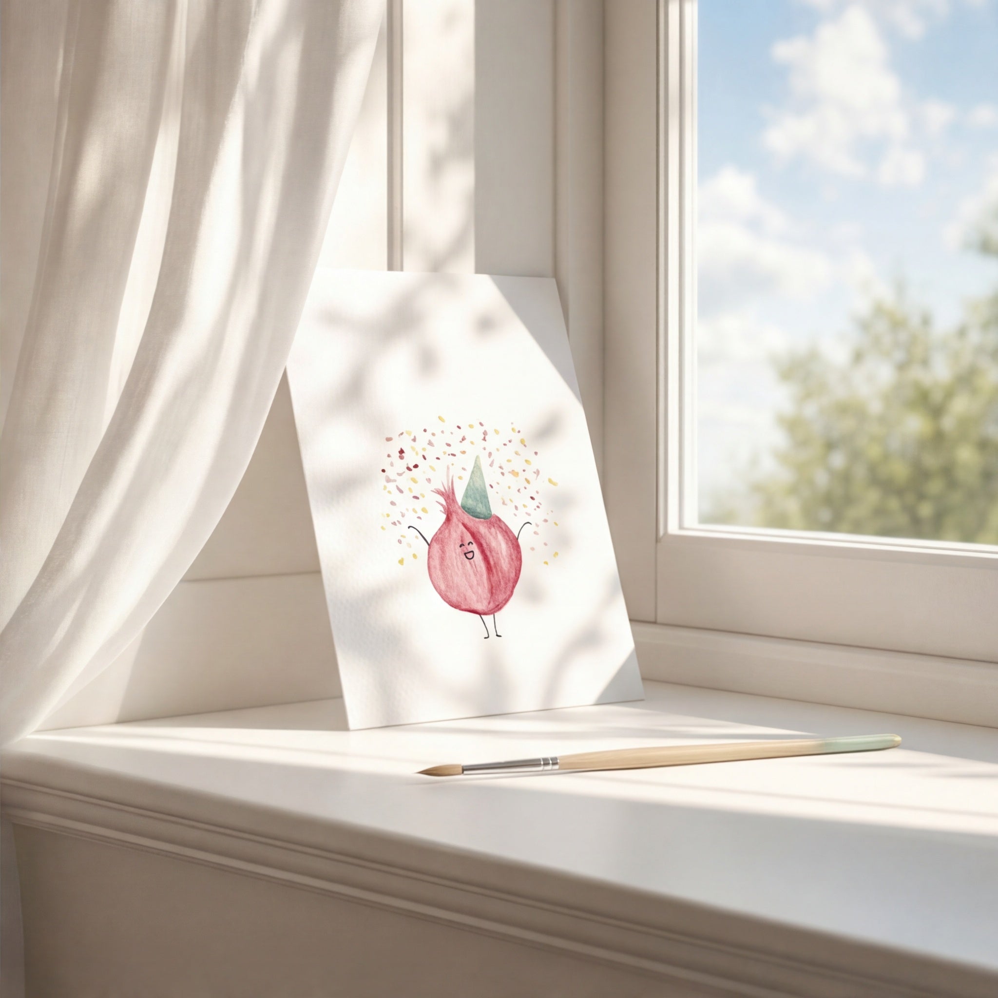 Art print of a pink character with a green hat on a windowsill with a brush next to it.