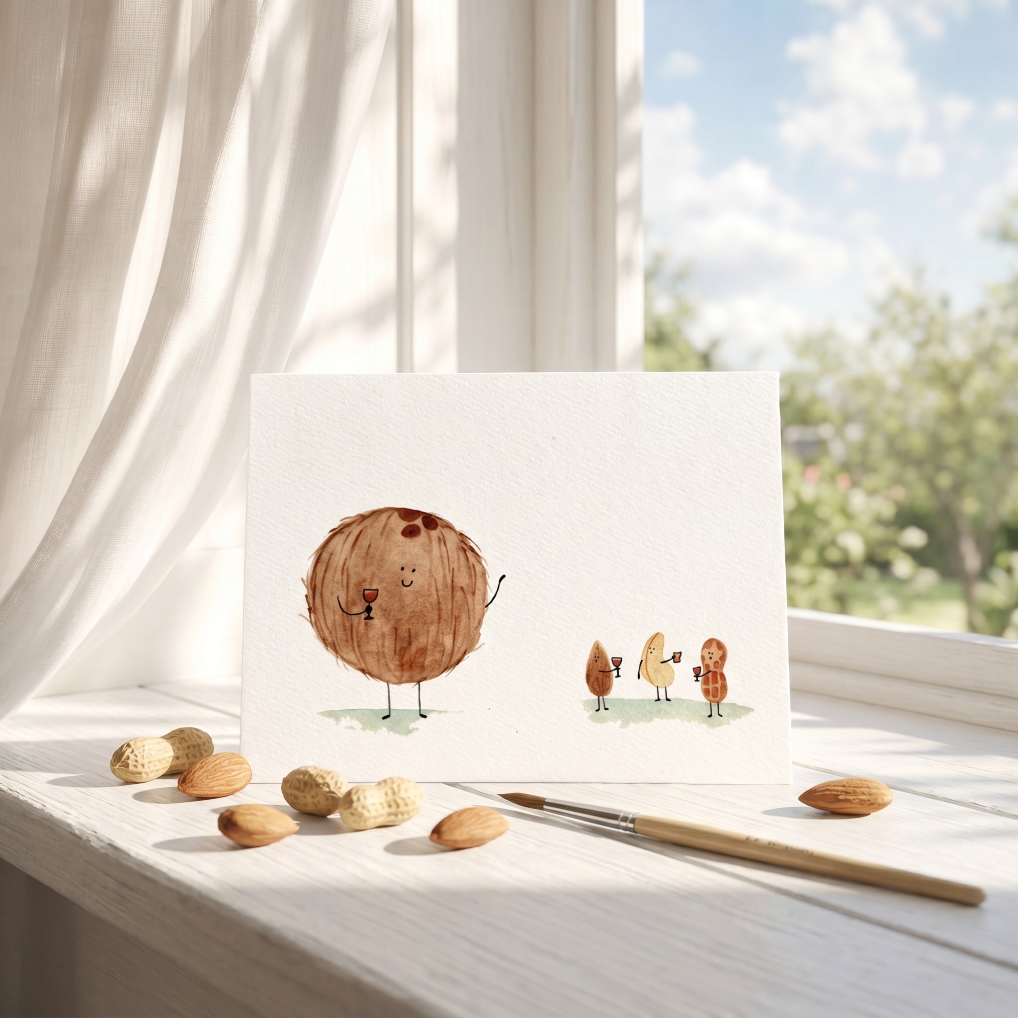 Coconut illustration on a card with peanuts and a paintbrush on a windowsill