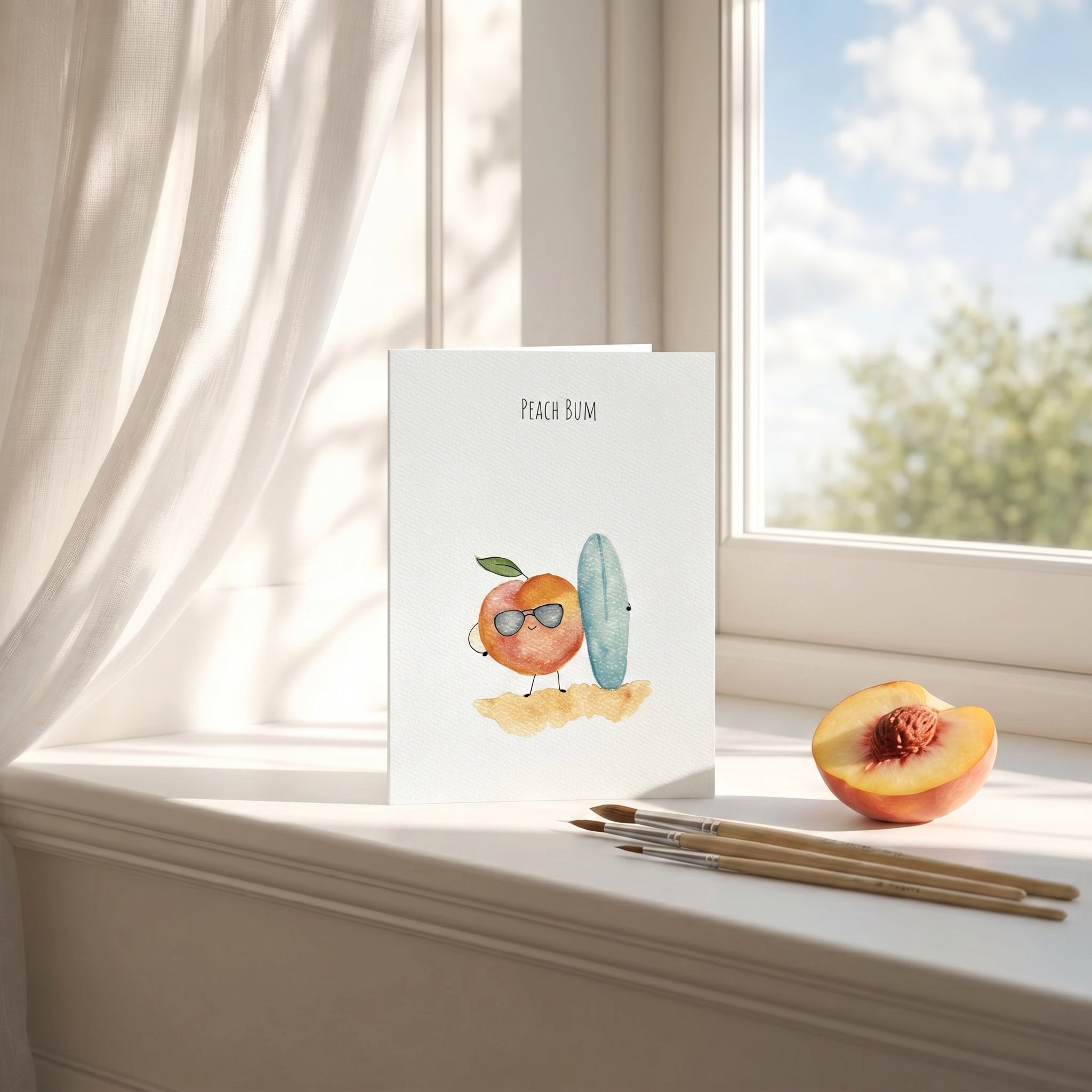 Card with a peach character wearing sunglasses and a surfboard, placed on a windowsill with a peach and paintbrushes.