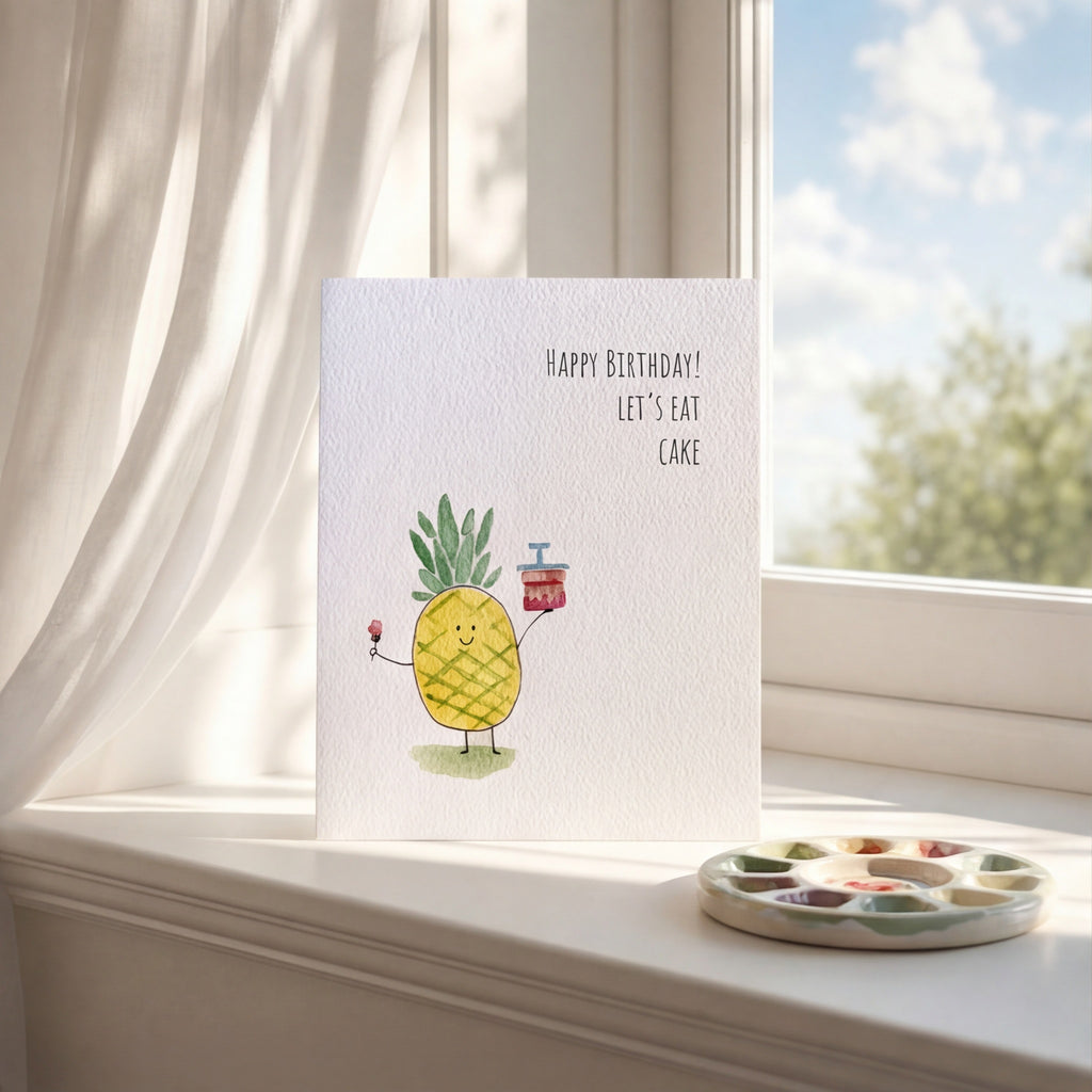Birthday card with a pineapple illustration on a windowsill with a scenic view.
