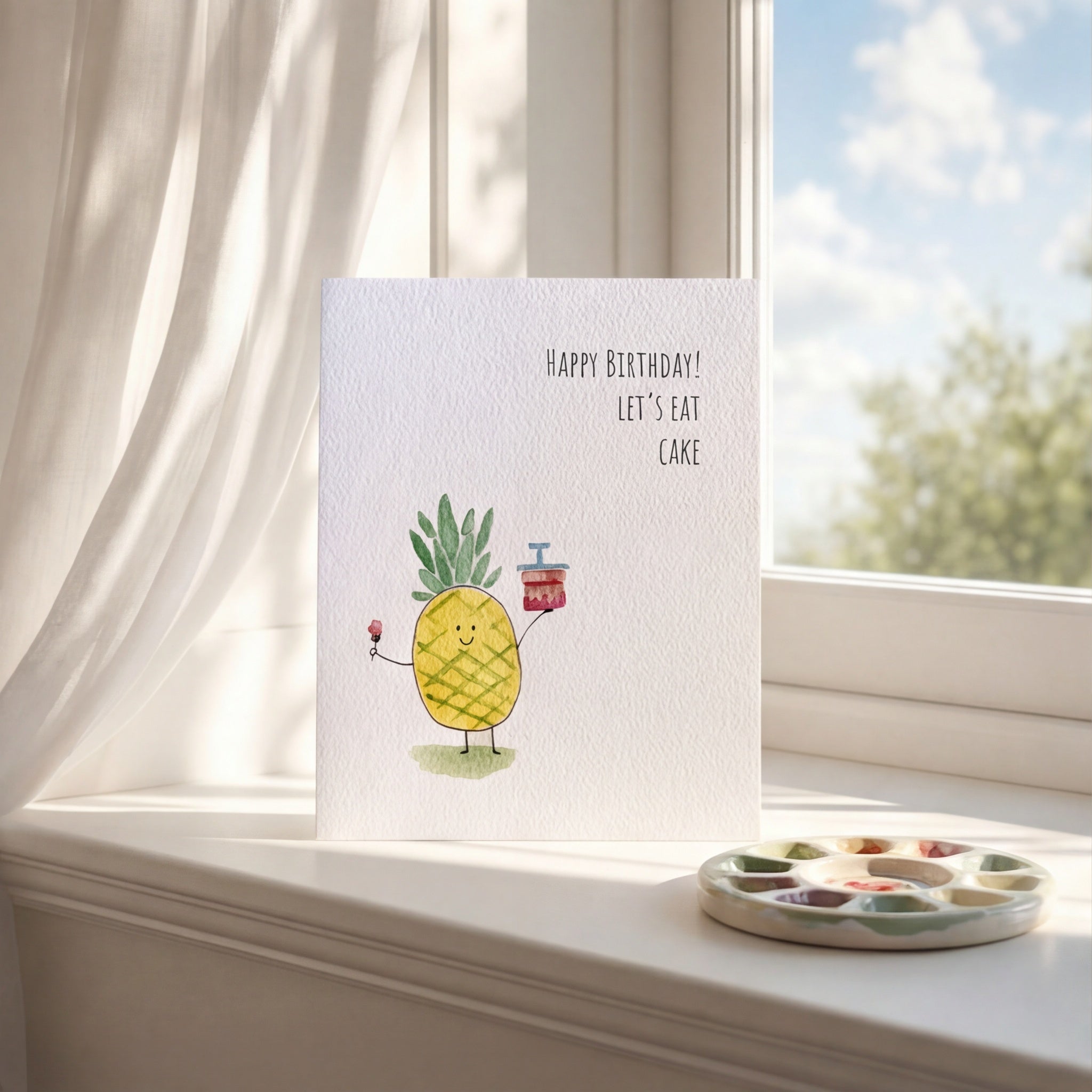 Birthday card with a pineapple illustration on a windowsill with a scenic view.