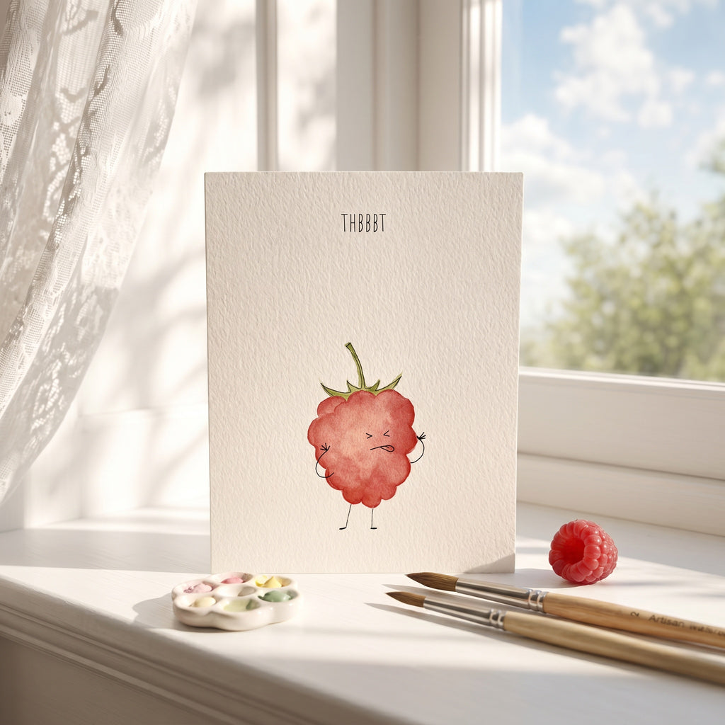 Card with a raspberry illustration on a windowsill with paint supplies