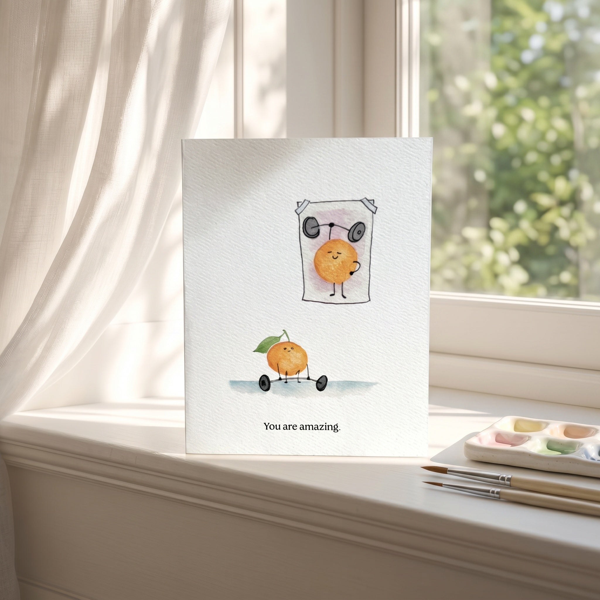 Greeting card with a cartoon orange character on a windowsill with a view of greenery.