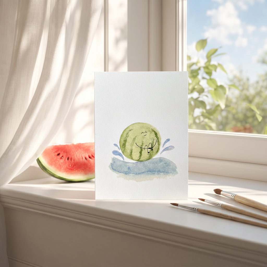Watercolor painting of a watermelon with a slice next to it on a windowsill.