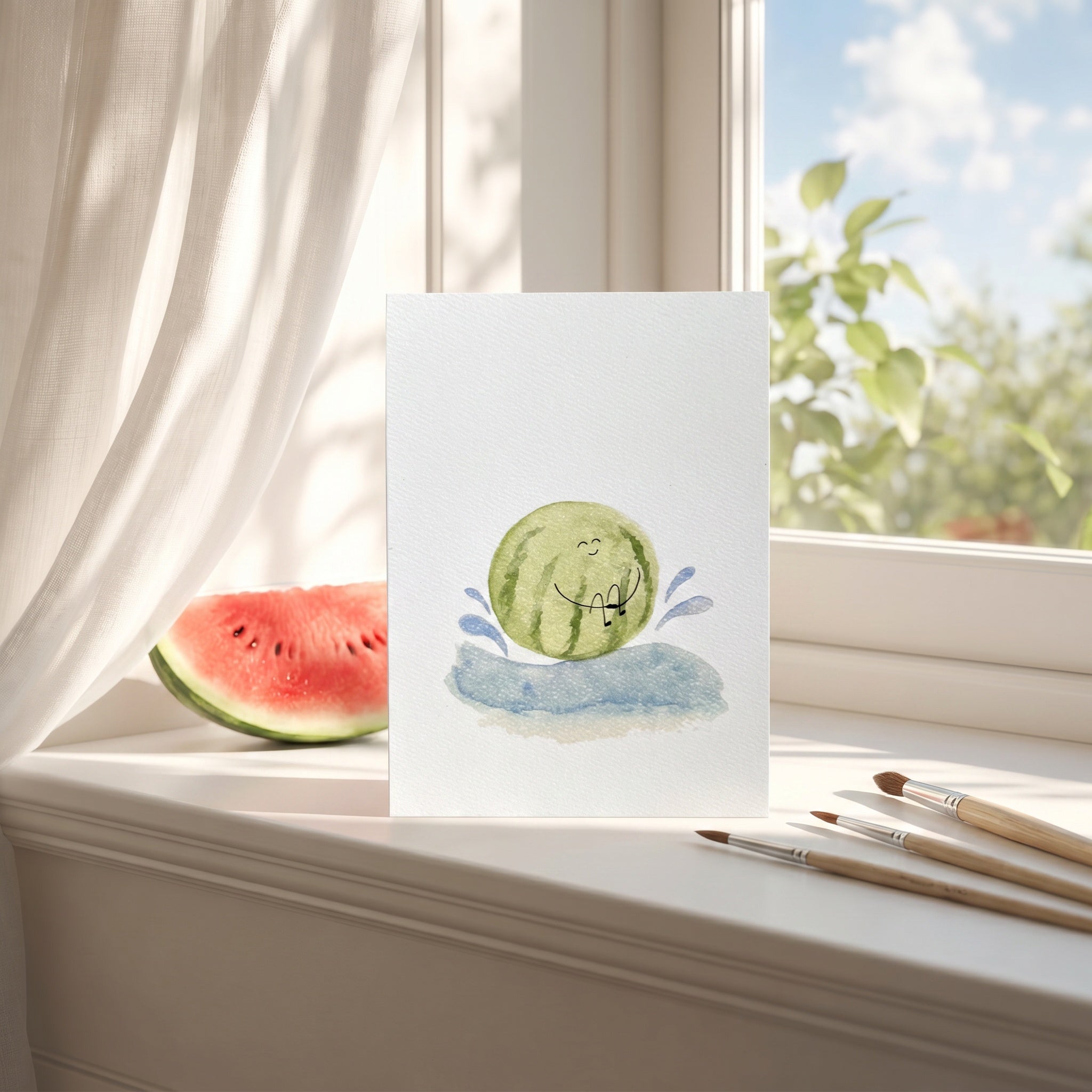 Watercolor painting of a watermelon with a slice next to it on a windowsill.
