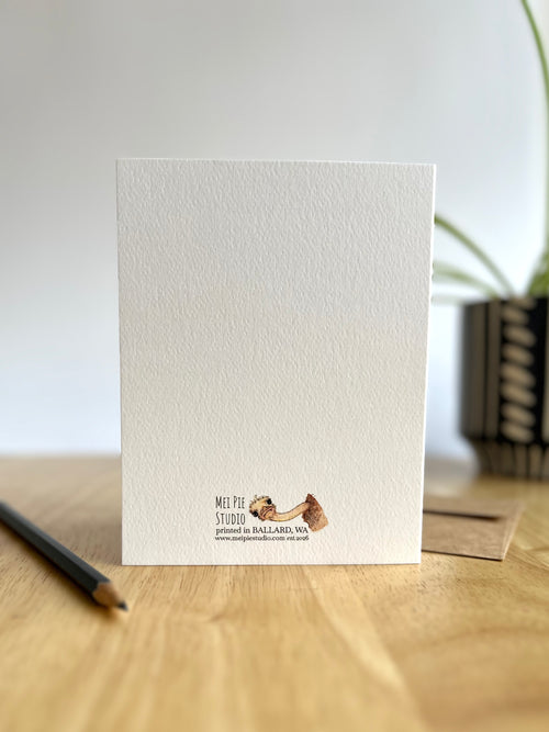Mei Pie Studio back of greeting card, printed in Ballard, WA