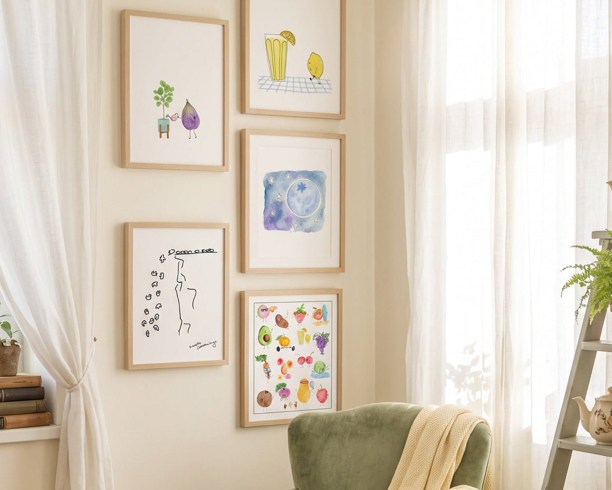 A styled interior corner with a green armchair draped with a cream throw, sheer white curtains, a small ladder shelf with teapots and plants, and five framed abstract art prints hanging on the wall.