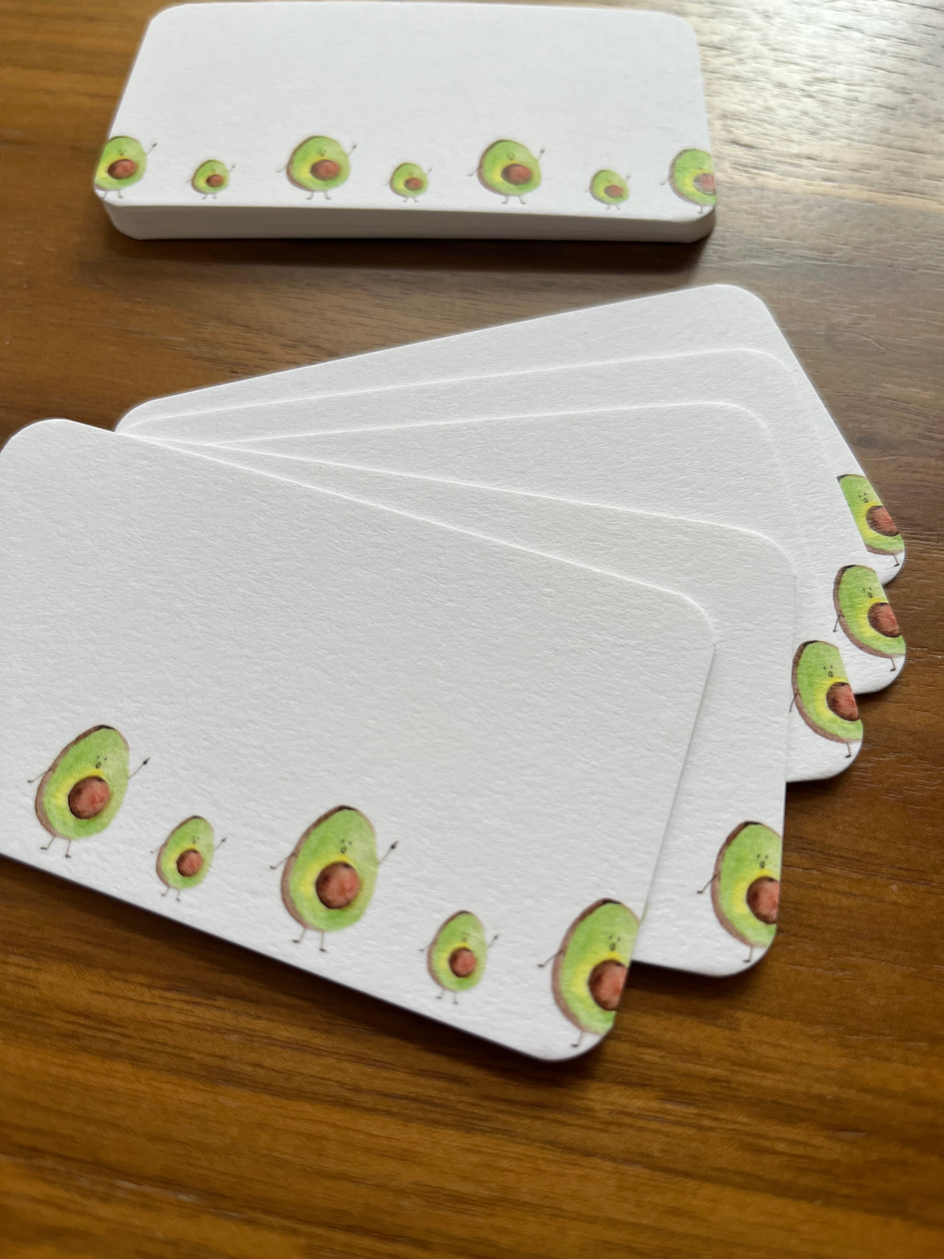 Mei Pie Studio Avocado Mini Note Set Millenial stationery on a neenah classic crest card stock  close up on a wood table