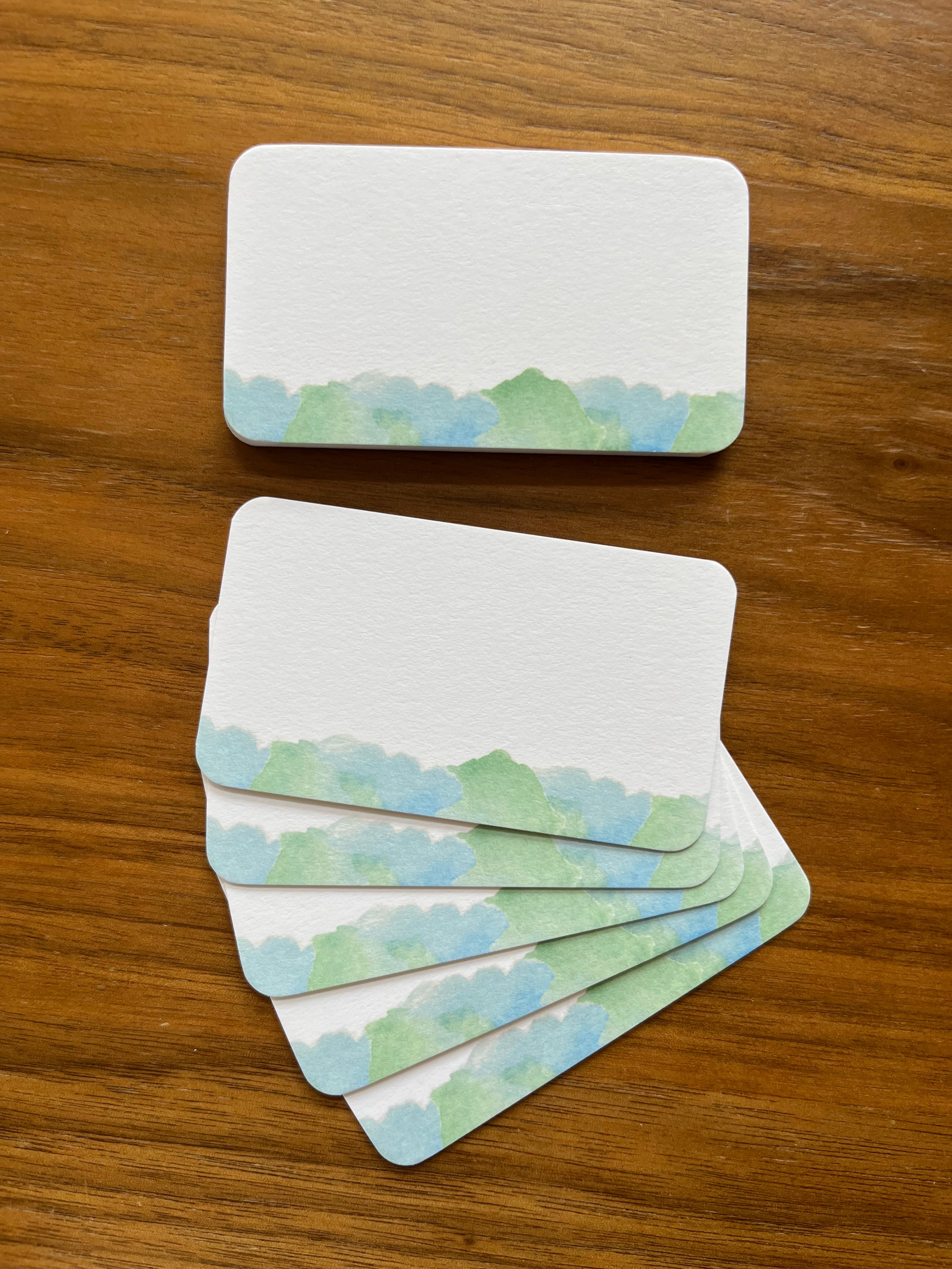 Mei Pie Studio Minimalist blue and green Mini Note Set stationery on a white neenah classic crest card stock. Watercolor