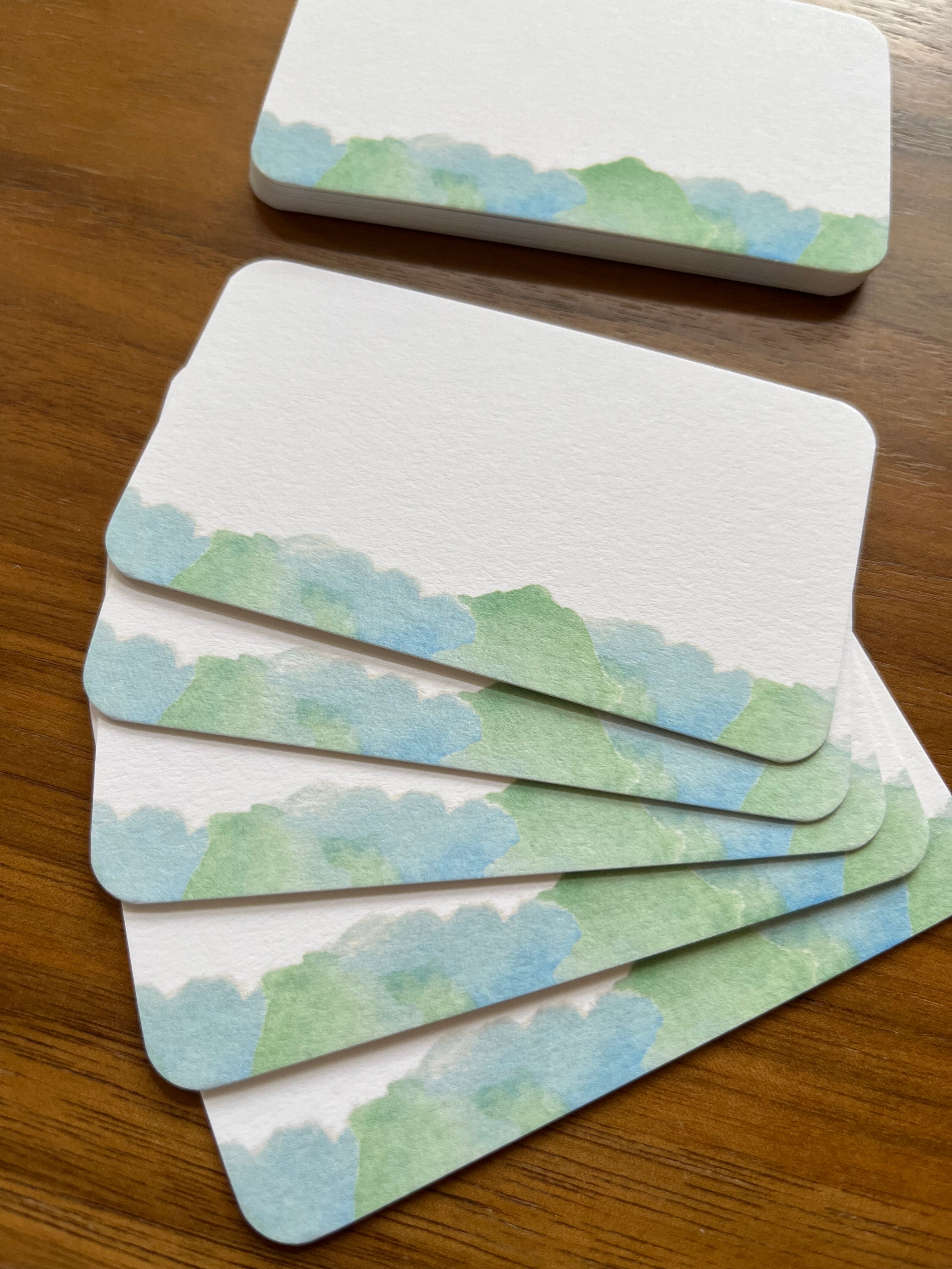 Mei Pie Studio Minimalist blue and green Mini Note Set stationery on a white neenah classic crest card stock. Watercolor 