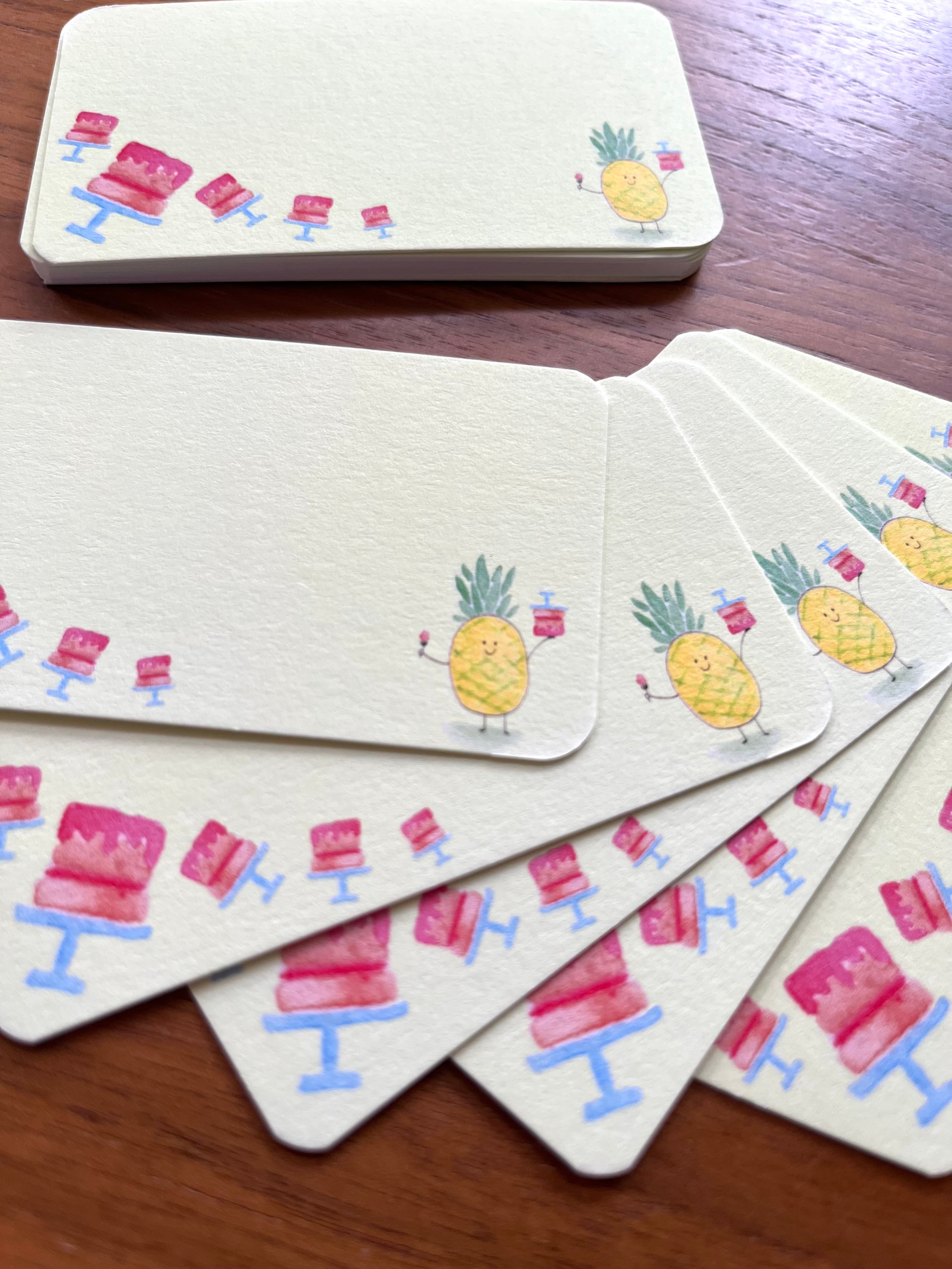 mei pie studio minimalist watercolor happy birthday mini note set  on classic crest neenah stock. featuring a pineapple and pink cakes. great for gift tags