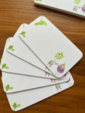 mei pie studio water color fig mini note set  on classic crest neenah stock. Blue background and visual joke. great for gift tags and lunchbox notes