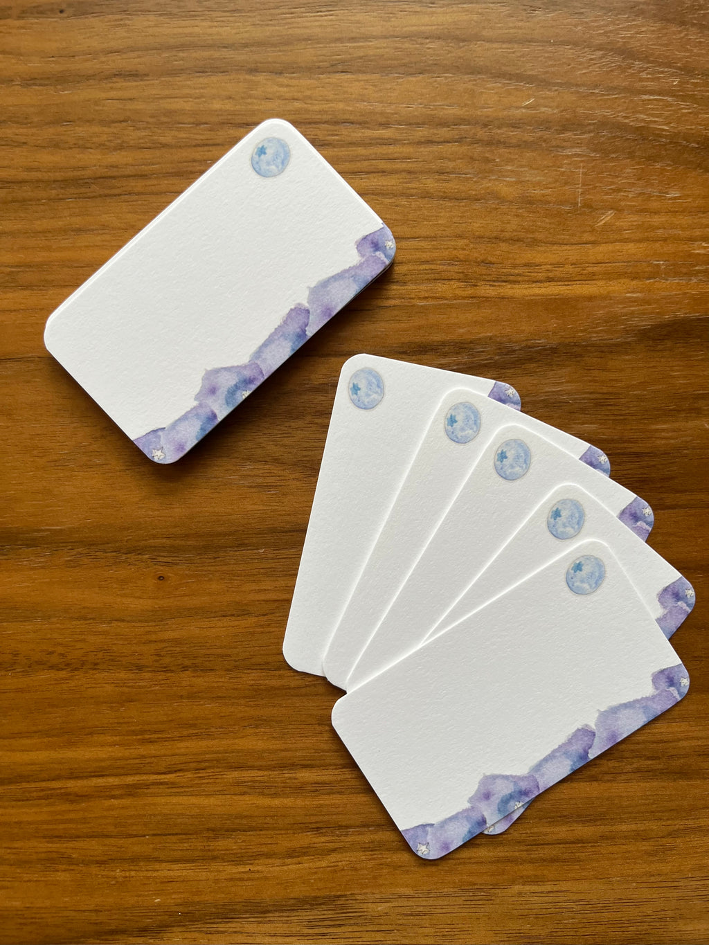 mei pie studio watercolor blueberry moon mini notes for gift tags and love notes. blue and purple watercolor on white classic crest neenah stock