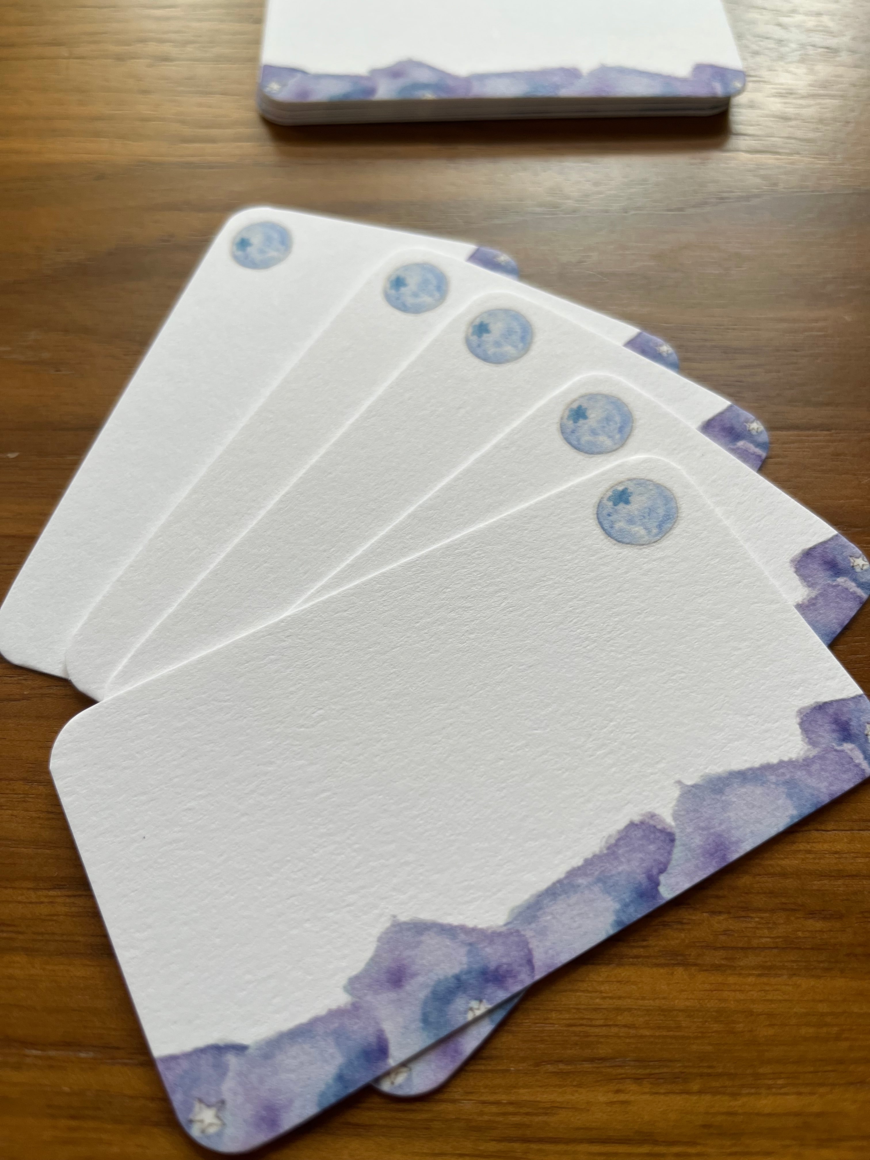 mei pie studio watercolor blueberry moon mini notes for gift tags and love notes. blue and purple watercolor on white classic crest neenah stock