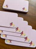 mei pie studio watercolor flower bouquet ini note set  on classic crest neenah stock. pink background with flower bouquet. great for gift tags and lunchbox notes