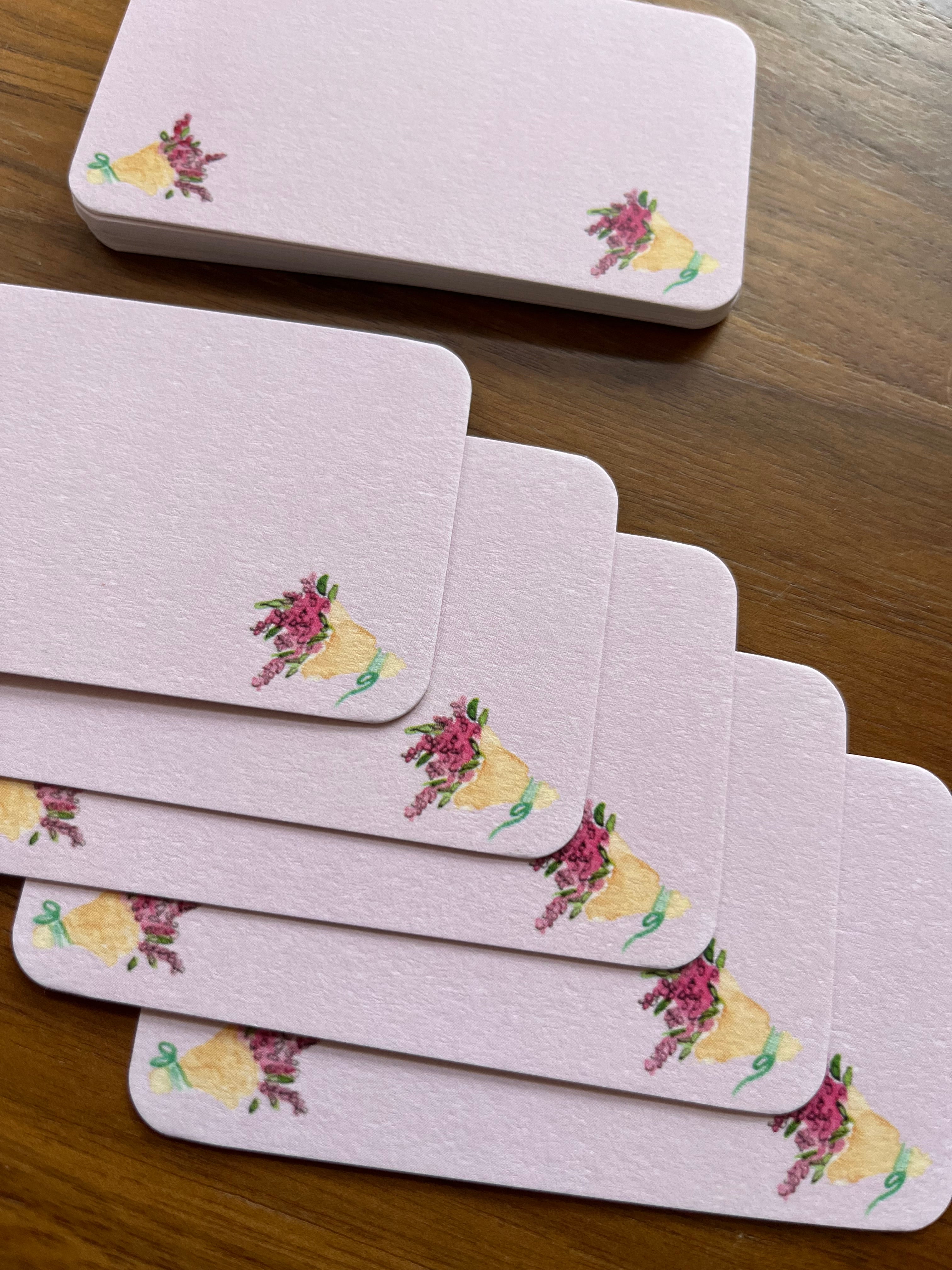 mei pie studio watercolor flower bouquet ini note set  on classic crest neenah stock. pink background with flower bouquet. great for gift tags and lunchbox notes