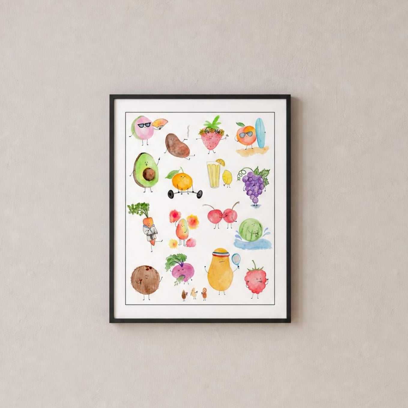 A framed watercolor art print of cute, colorful cartoon fruits hanging on a textured beige wall above a light wood console table with a ceramic vase of dried grass.