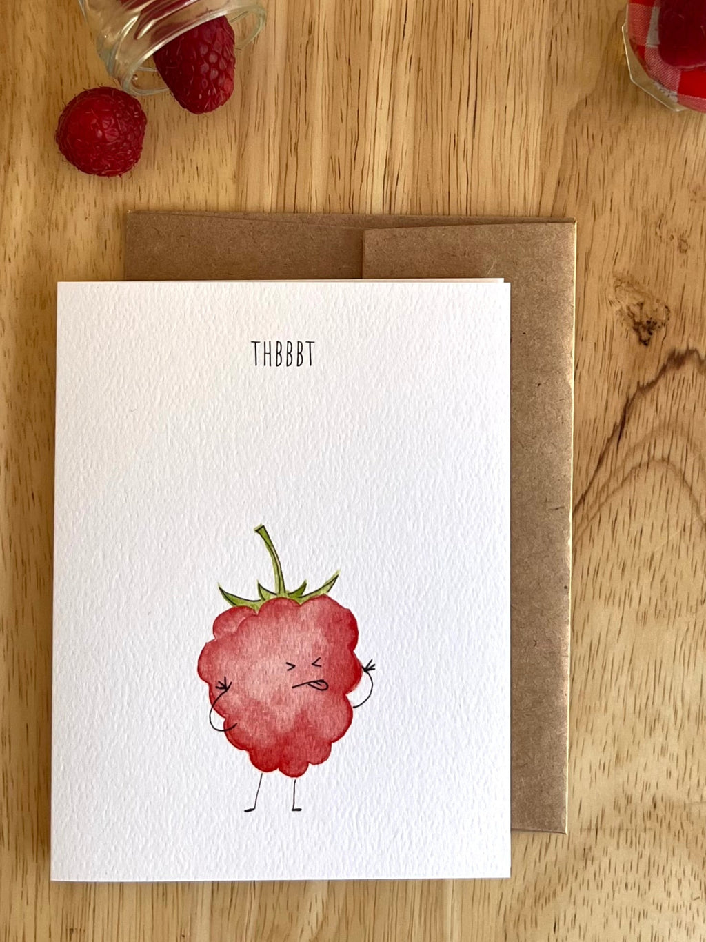Hand-painted watercolor raspberry blowing a raspberry tongue, sassy greeting card for friends, Ballard, WA designed stationery