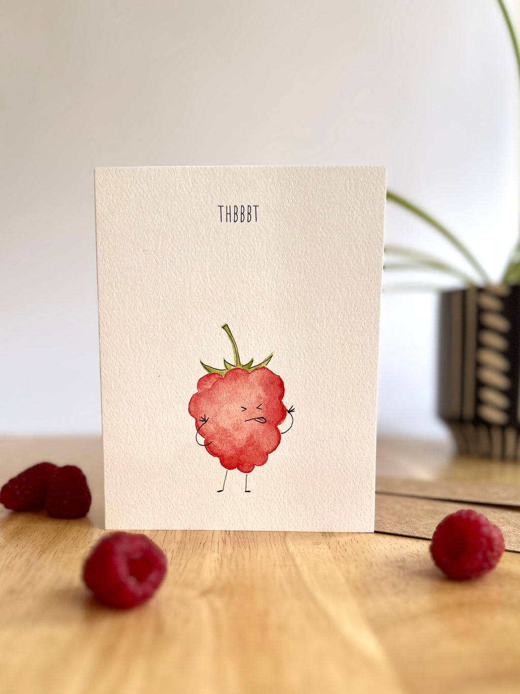 Hand-painted watercolor raspberry blowing a raspberry tongue, sassy greeting card for friends, Chicago designed stationery